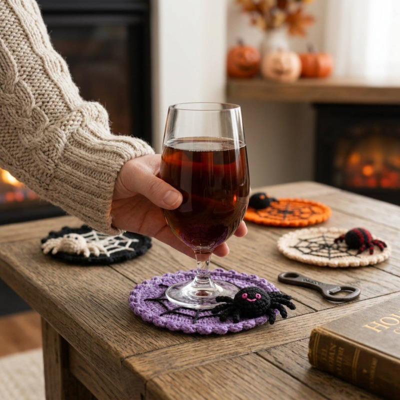 Spider Web Halloween Decoration - Posavasos de ganchillo con diseño de